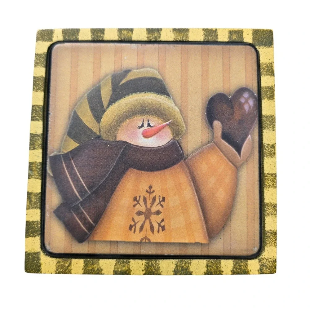 Snowman Coaster Set In Wood Box - Set Of 6 Coasters Wooden Plus Box